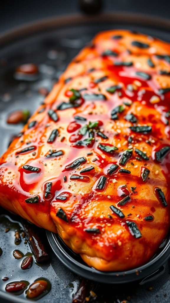 A beautifully glazed piece of grilled teriyaki salmon garnished with green onions.