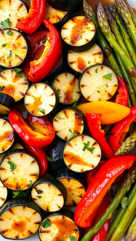 A colorful platter of grilled vegetables including eggplant, bell peppers, and asparagus