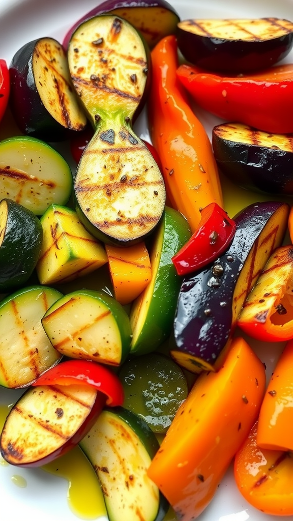 A colorful platter of grilled vegetables including zucchini, bell peppers, and eggplants with grill marks.