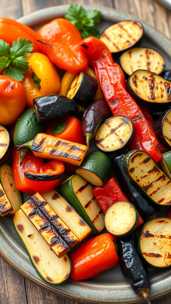 A colorful grilled vegetable platter featuring various grilled peppers, zucchini, and eggplants on a plate.