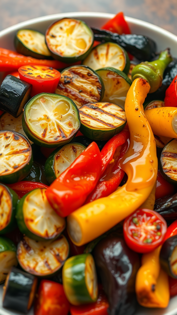 A colorful array of grilled vegetables including zucchini, bell peppers, and eggplant.
