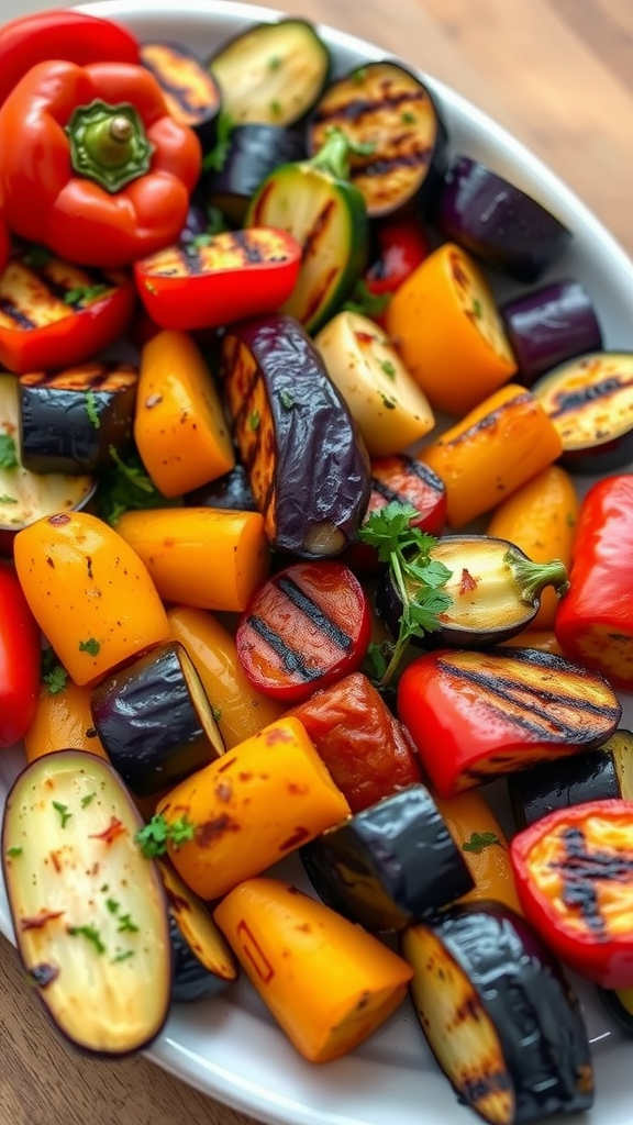 A colorful platter of grilled vegetables including red bell peppers, yellow squash, and eggplants.