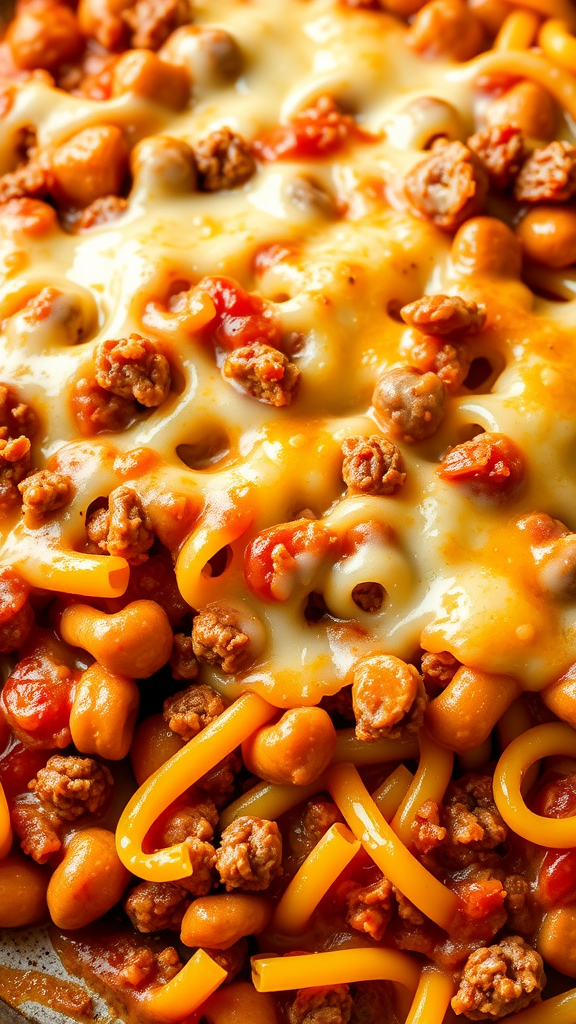 A close-up view of a ground beef casserole topped with melted cheese, beans, and pasta.