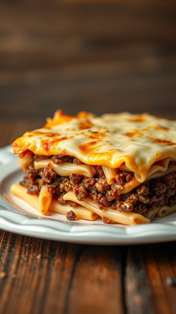 A delicious ground beef casserole with melted cheese on top, served on a white plate.