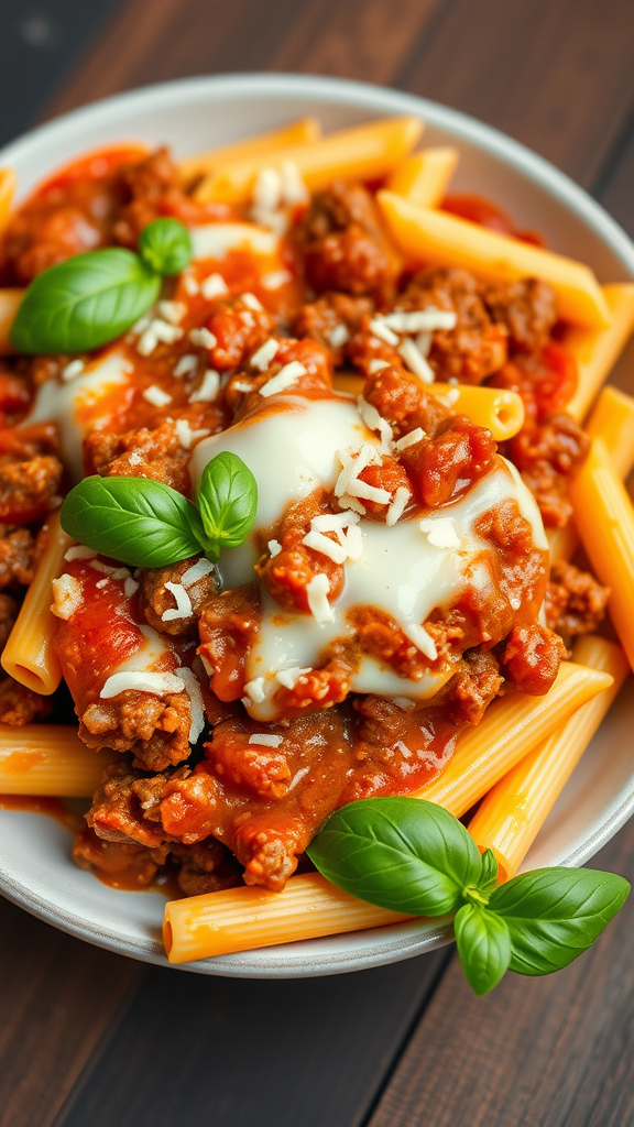 A bowl of ground beef pasta with penne, tomato sauce, and fresh basil