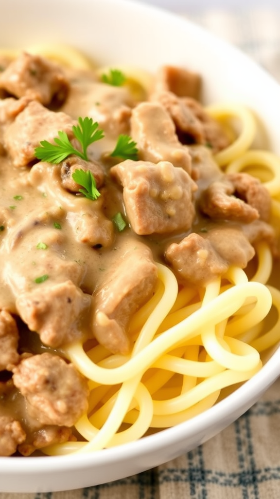 Delicious ground beef stroganoff served over pasta with a sprinkle of parsley.