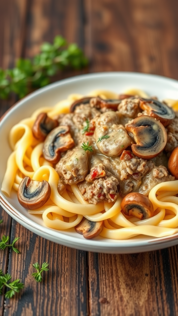 A plate of ground beef stroganoff with noodles and mushrooms