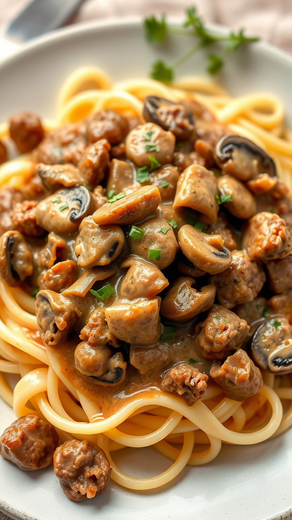 A plate of ground beef stroganoff served over spaghetti with mushrooms and garnished with parsley.