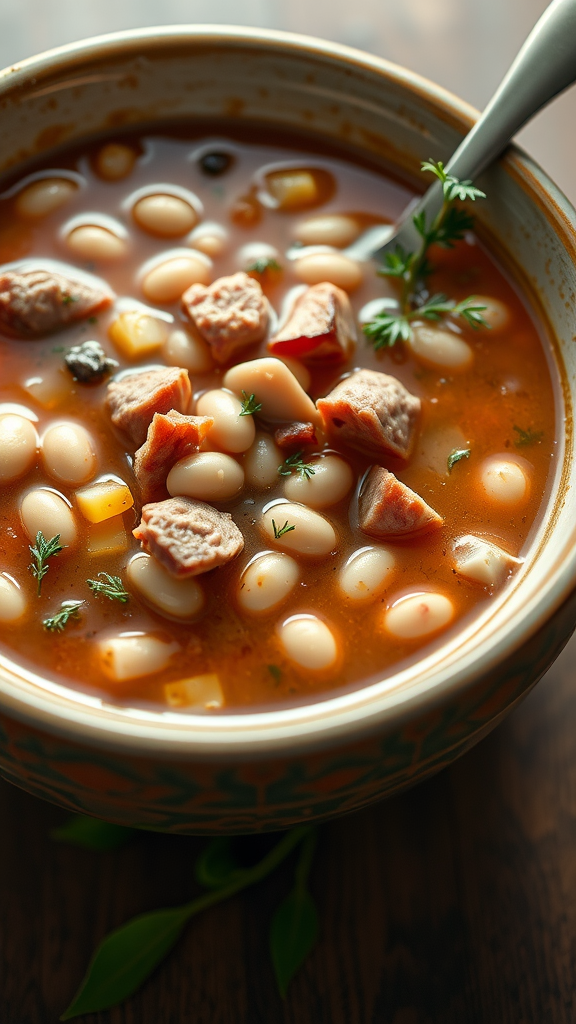 A bowl of ham and bean soup with white beans and ham pieces