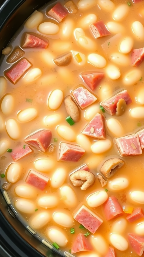 Close-up of ham and bean soup in a crockpot, showcasing white beans and ham pieces in a rich broth.