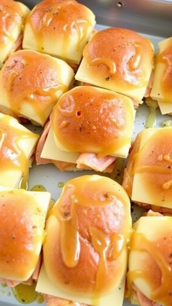 A tray of ham and cheese sliders with melted cheese and golden buns