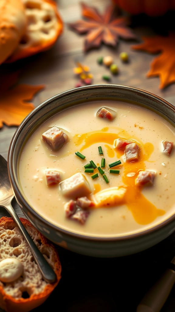 A bowl of creamy ham and potato soup with chives, served with bread and surrounded by autumn leaves.
