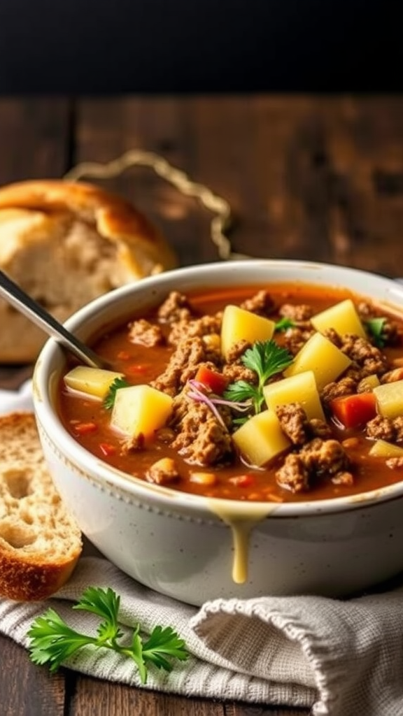 A bowl of hamburger soup with ground beef, potatoes, and herbs, served with bread.