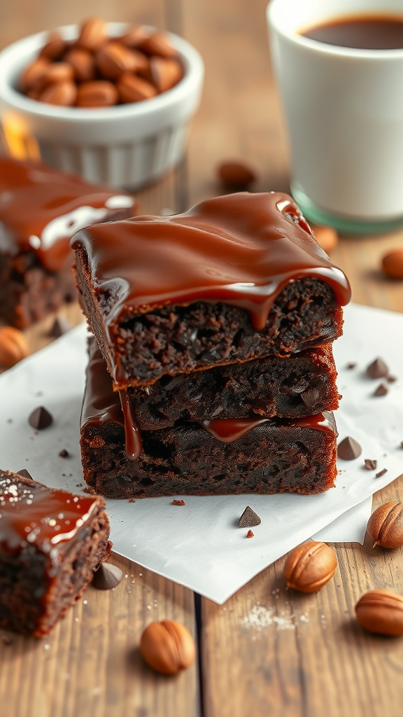 Stack of hazelnut mocha brownies drizzled with chocolate ganache, surrounded by hazelnuts and chocolate chips on a wooden table.