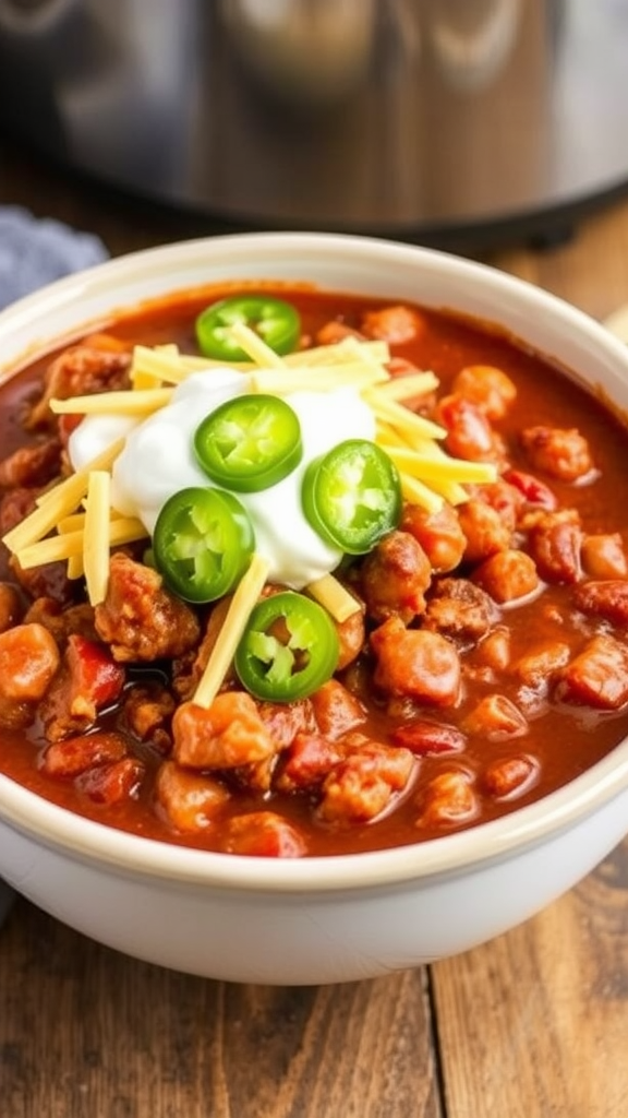 A bowl of hearty turkey chili topped with shredded cheese, jalapeños, and sour cream.