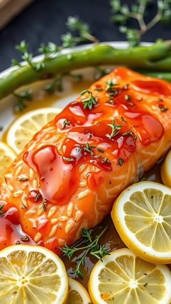 Honey glazed salmon with lemon slices and herbs