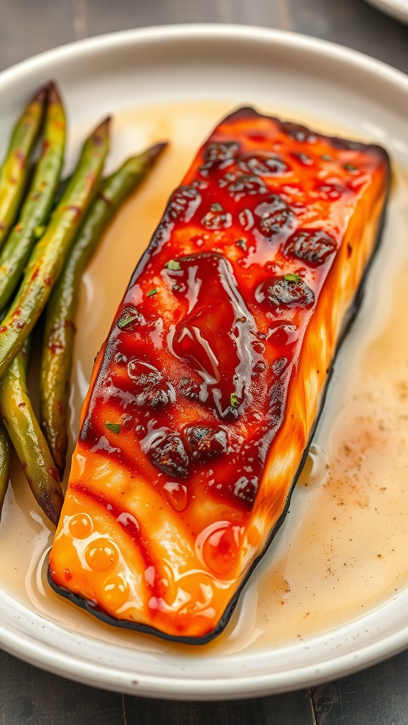 Plate of honey glazed salmon with green beans