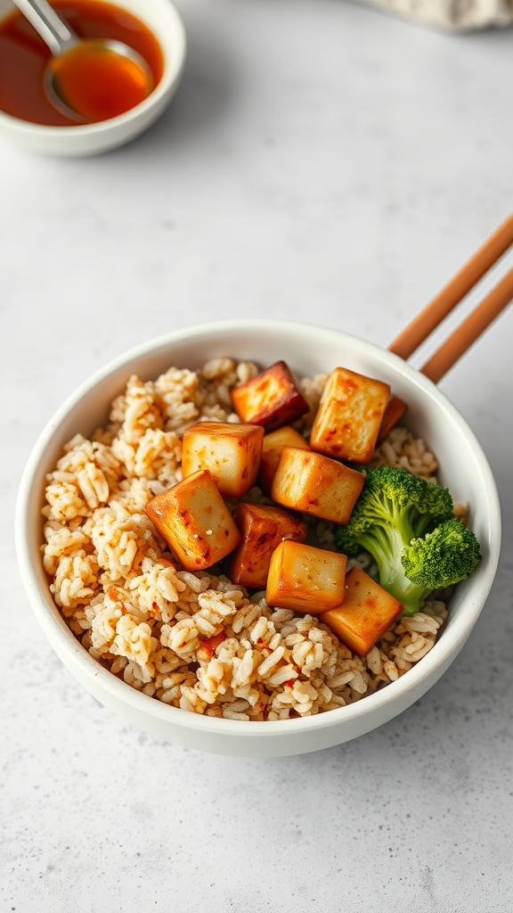 A Honey Sesame Grain Bowl with rice, tofu, and broccoli.