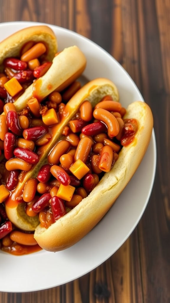 A plate of hot dog buns filled with a colorful mixture of beans and cheese.