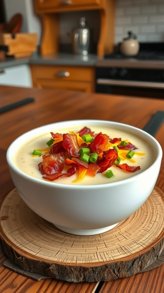 A bowl of baked potato soup topped with crispy bacon, shredded cheese, and green onions, sitting on a wooden table.
