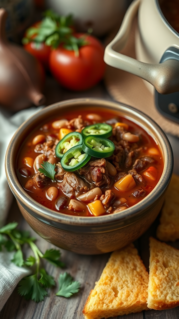 A bowl of beef and bean chili topped with jalapeños and served with cornbread.