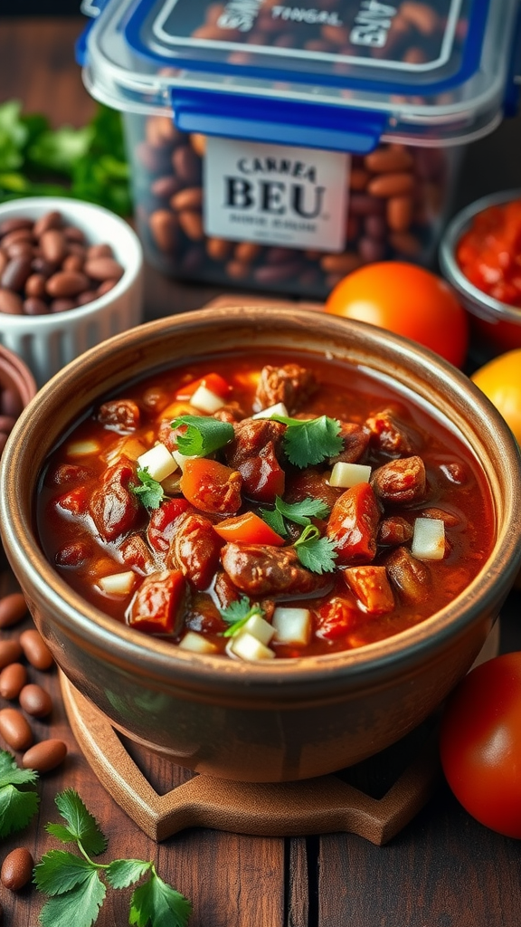 A bowl of hearty beef chili surrounded by fresh ingredients like beans and tomatoes.