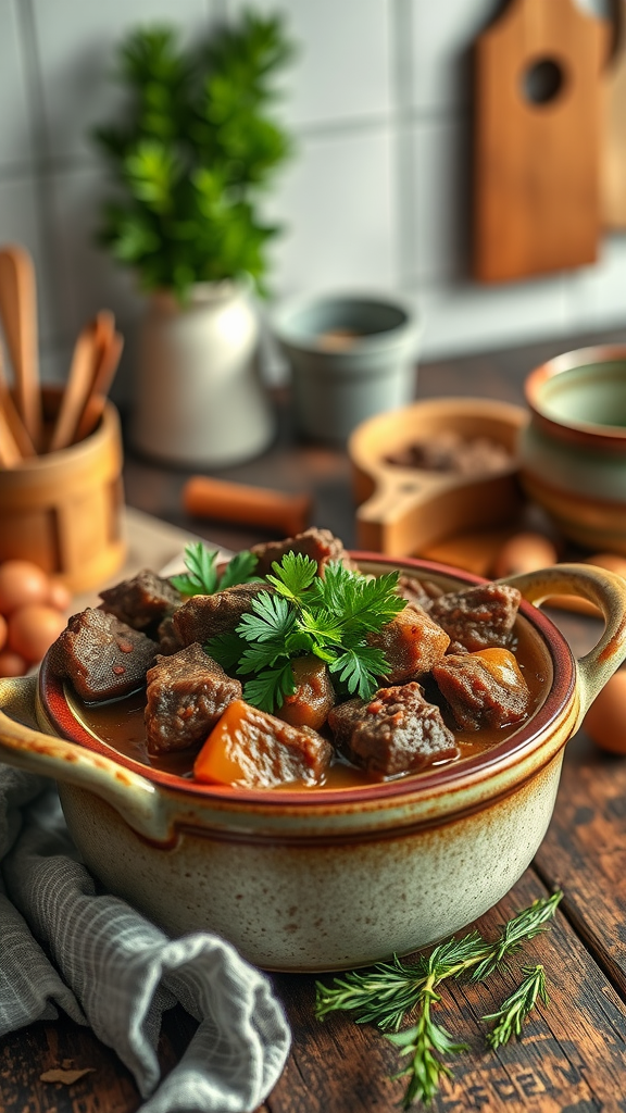 A bowl of hearty beef stew with chunks of meat and vegetables, garnished with fresh parsley.