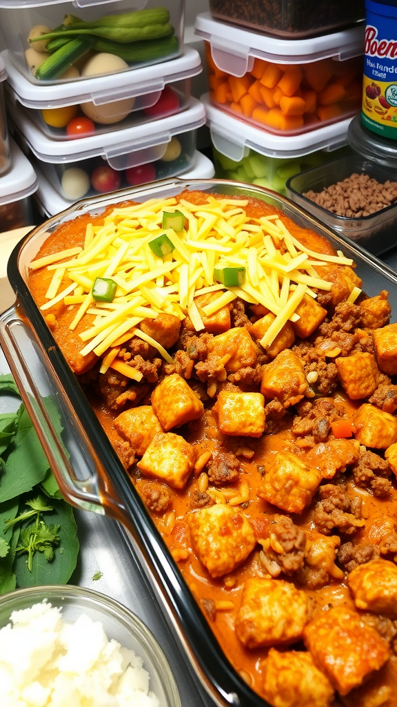 A prepared Cheesy Ground Beef and Rice Casserole topped with cheese and green peppers, surrounded by containers of fresh ingredients.