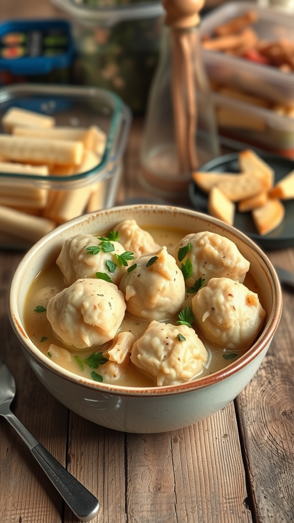 A bowl of chicken and dumplings surrounded by additional ingredients prepared for meal prep.