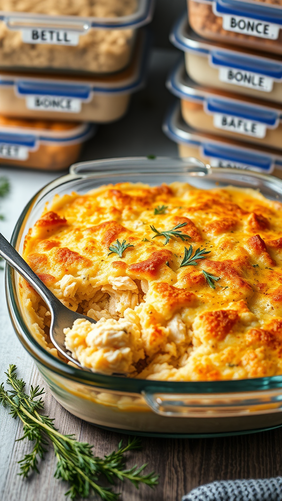 A warm chicken and rice casserole in a glass dish, with a spoon ready to serve. In the background, labeled containers of meal prep items are visible.