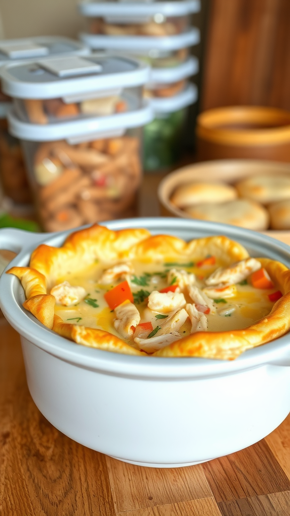 A homemade chicken pot pie with a golden crust, filled with chicken and vegetables, placed on a wooden surface with organized containers in the background.