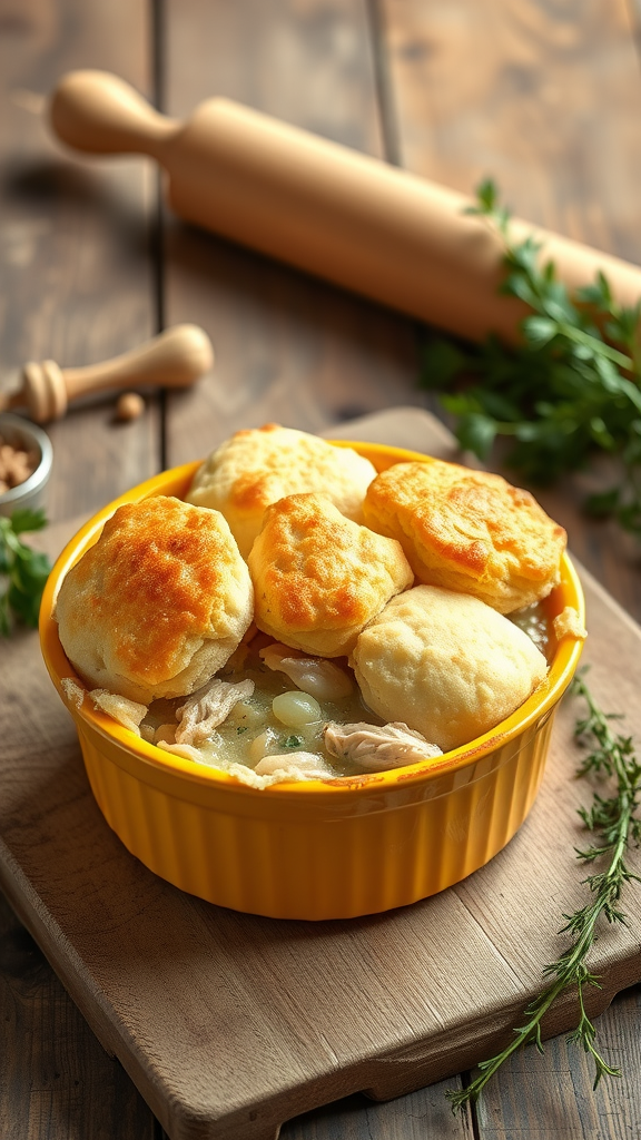 A yellow dish of chicken pot pie topped with biscuits on a wooden surface.