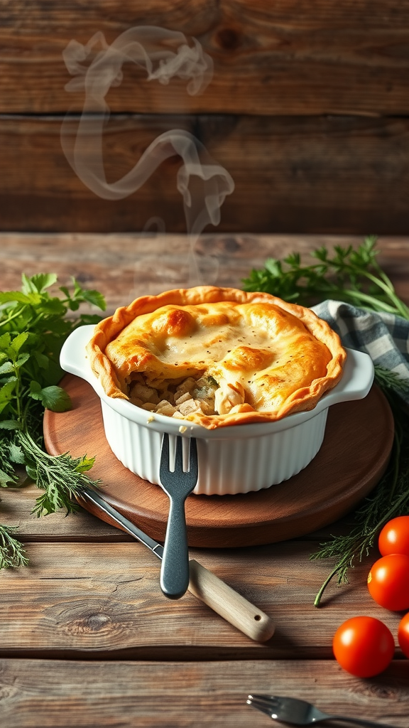 A freshly baked chicken pot pie with steam rising, surrounded by fresh herbs and tomatoes on a wooden table.