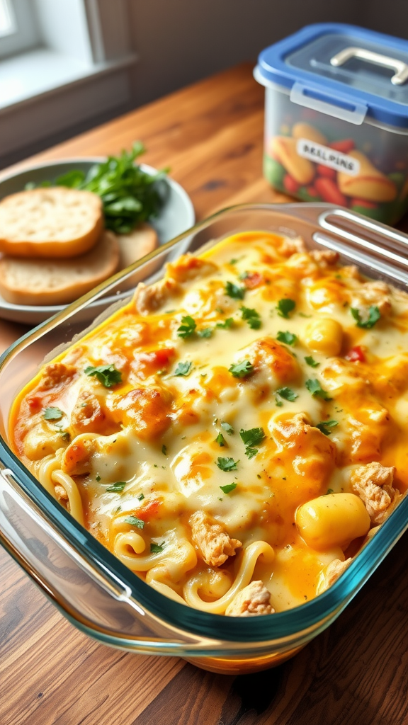 A delicious dish of Chicken Tetrazzini with cheese, chicken, and pasta, placed in a glass dish on a wooden table, with bread and a container of vegetables nearby.