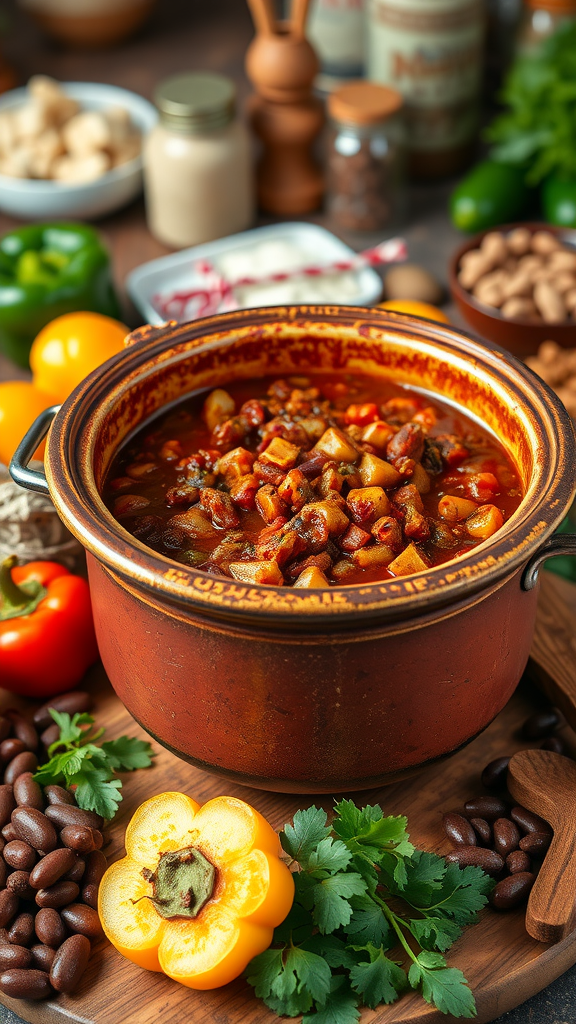 A pot of chili con carne surrounded by fresh ingredients and spices.