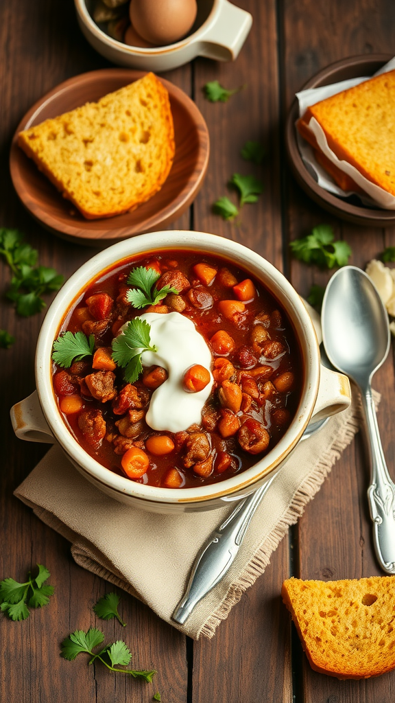 A bowl of chili con carne topped with sour cream and cilantro, with slices of cornbread on the side.