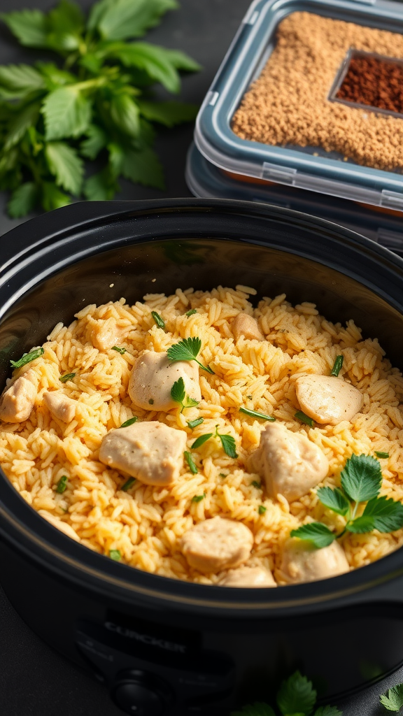 Creamy chicken and rice in a slow cooker with fresh herbs and spices