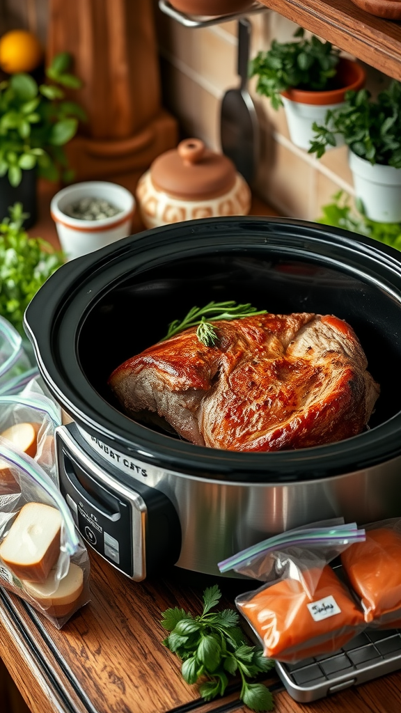 A crock pot with a pork roast inside, surrounded by meal prep items like bags of vegetables and herbs.