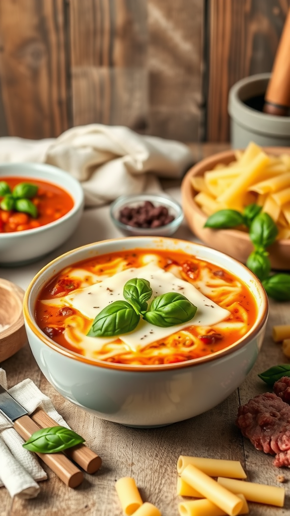 A bowl of lasagna soup garnished with fresh basil, surrounded by ingredients like pasta and sausage on a wooden table.