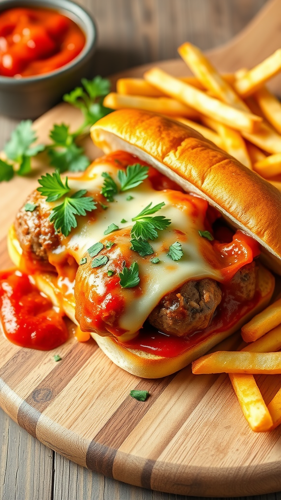 A delicious meatball sub with melted cheese and a side of fries