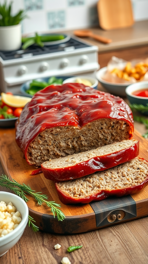 A sliced meatloaf on a wooden cutting board, garnished with herbs, surrounded by fresh vegetables and other ingredients.