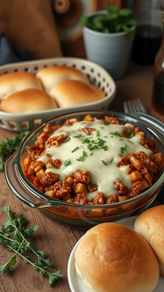 A bowl of Sloppy Joe Casserole topped with cheese, surrounded by soft dinner rolls.