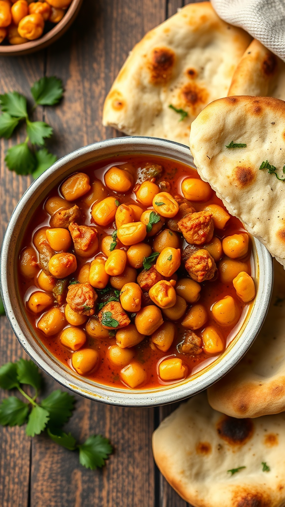 A bowl of vibrant Chana Masala served with naan bread on a wooden table