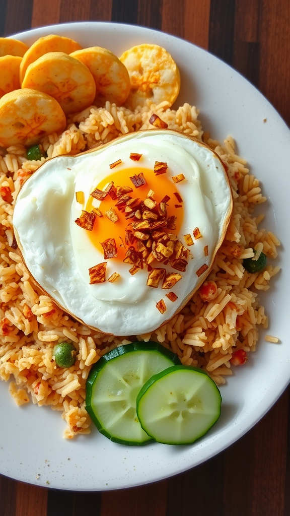 A plate of Indonesian Nasi Goreng topped with a fried egg, cucumber slices, and crispy shallots.