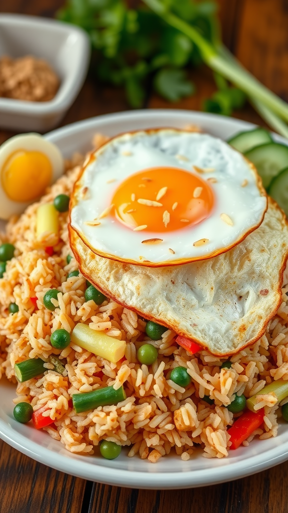 A plate of Indonesian Nasi Goreng topped with a fried egg, served with vegetables.