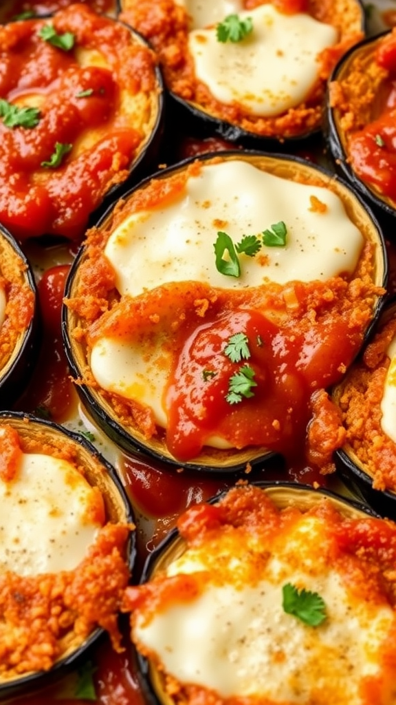 A close-up of Italian Eggplant Parmesan with sauce and cheese