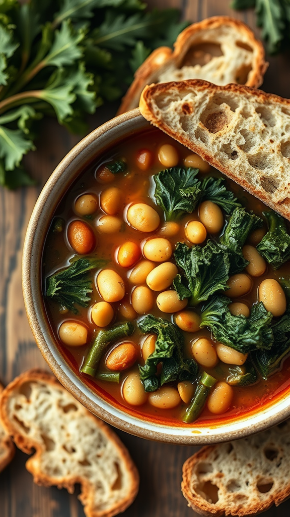 A bowl of Italian Ribollita soup with slices of crusty bread