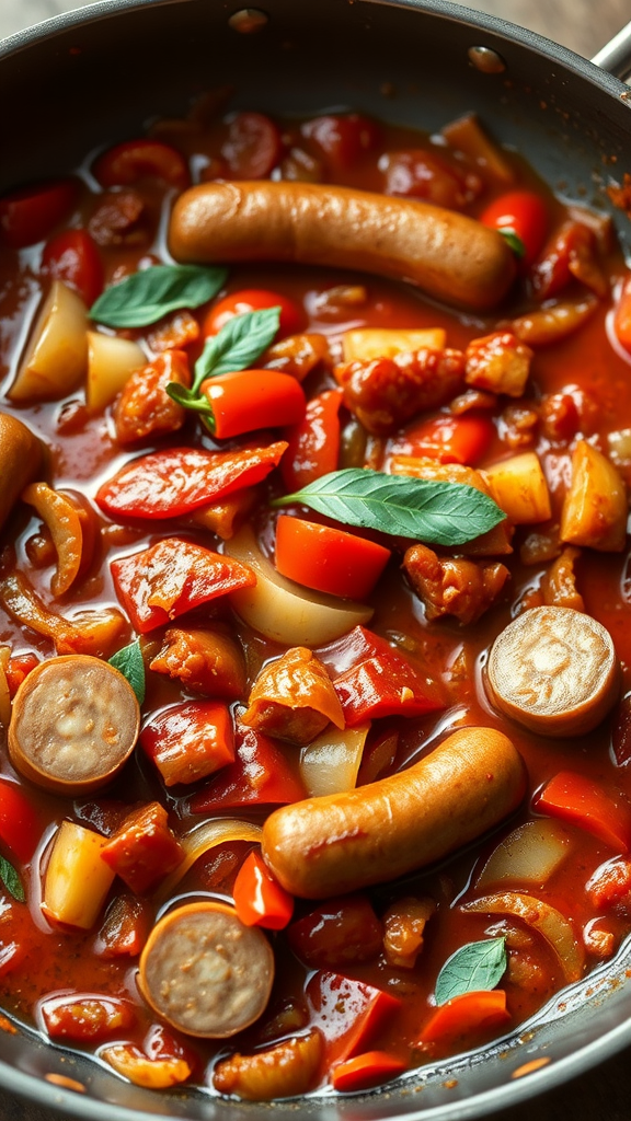 A skillet filled with Italian sausage, colorful bell peppers, and a rich tomato sauce, garnished with fresh basil.
