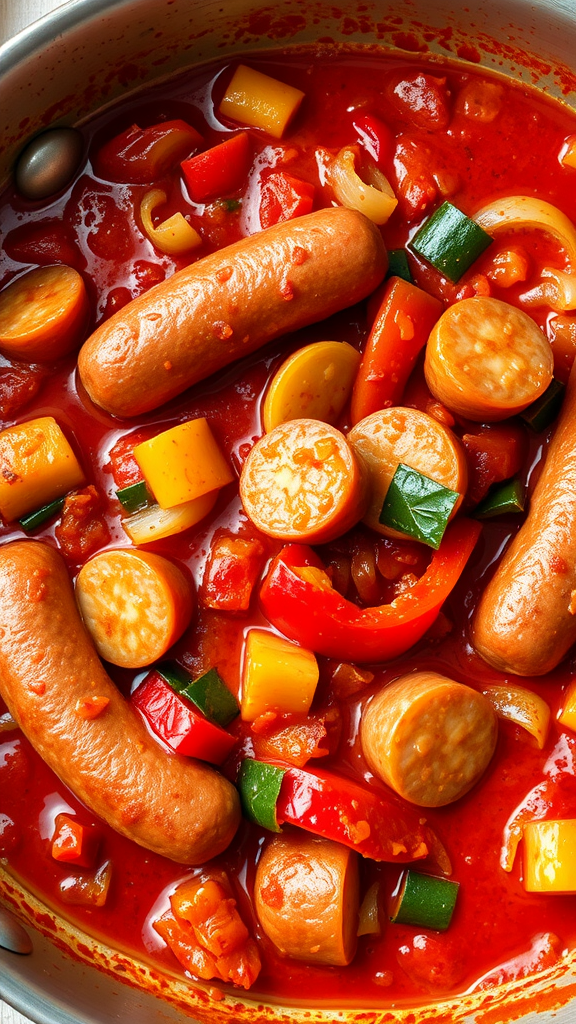 A skillet filled with Italian sausage, colorful bell peppers, and a rich tomato sauce.