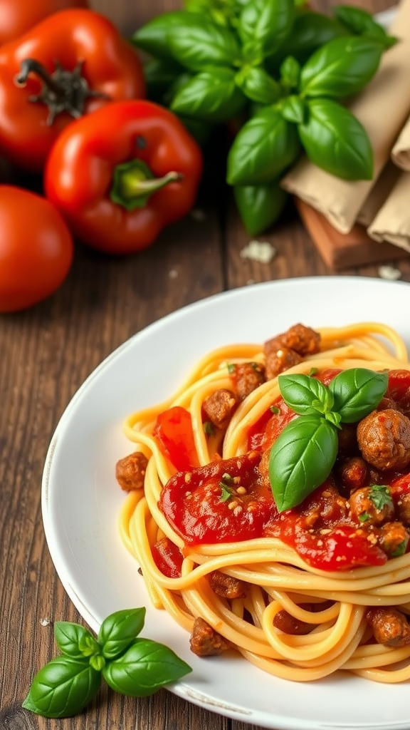 A plate of spaghetti topped with tomato sauce, Italian sausage, and basil, with fresh tomatoes and basil in the background.
